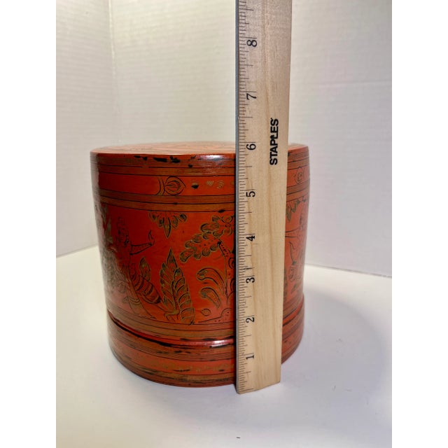 Wood Antique Burmese Red Lacquered Hand-Painted Betel Box "Kun-It" With Two Plates For Sale - Image 7 of 8