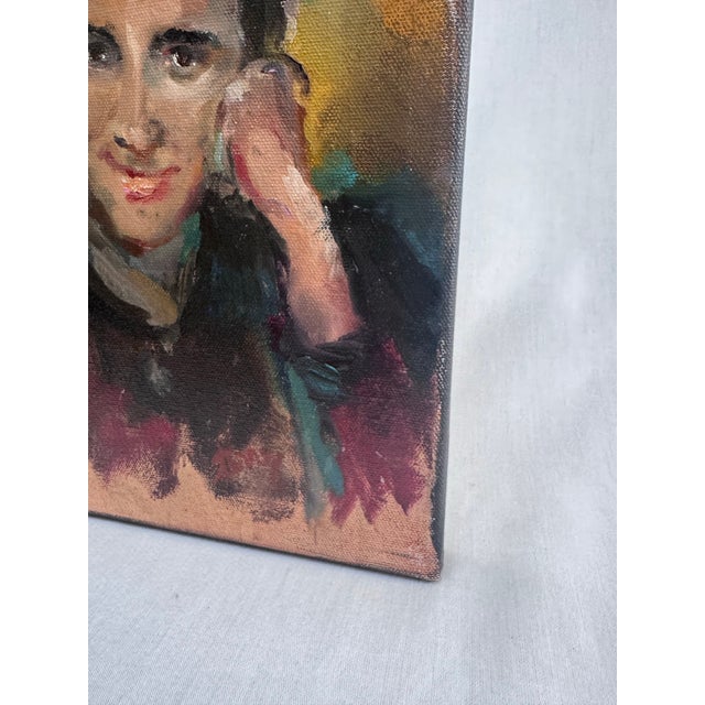 Vintage Mid Century Expressionist Male Portrait Original Oil Painting in Maroon, Ochre and Green For Sale - Image 9 of 12