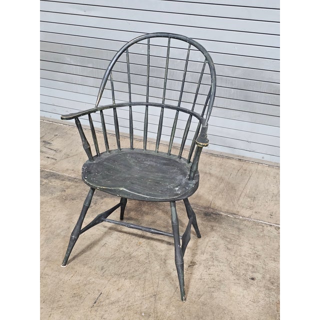 Green Green Sack Back Windsor Arm Chair Distressed Finish Bench Made For Sale - Image 8 of 8