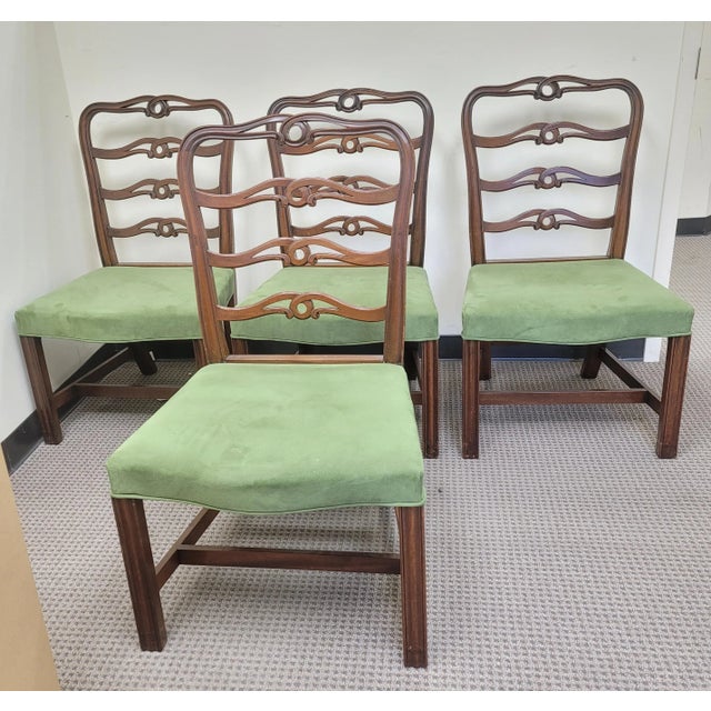 19th C. Georgian Set of 4 Pierced Ladder Back and Suede Leather Upholstered Dining Chairs For Sale - Image 10 of 11