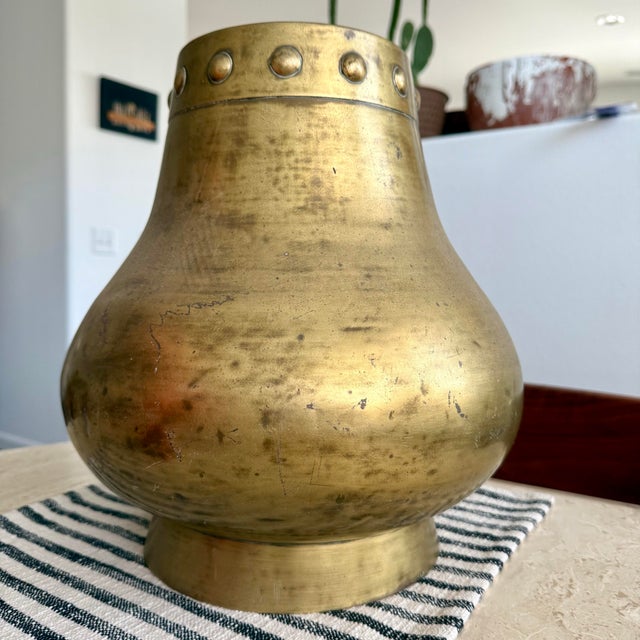 Modern Vintage Modern Brass Planter Catchpot Jardiniere Patina Studded Hammered 13”x12” For Sale - Image 3 of 12
