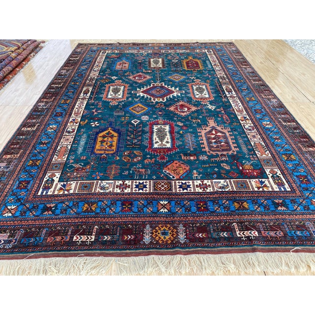 Tribal Vintage Teal Wool Kazak-Style Tribal Rug 9 X 13 For Sale - Image 3 of 17