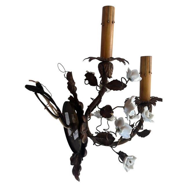 1920s 1920s Acanthus Backplate With Leaves and White Porcelain Flowers Stair-Step Wall Sconces - a Pair For Sale - Image 5 of 6