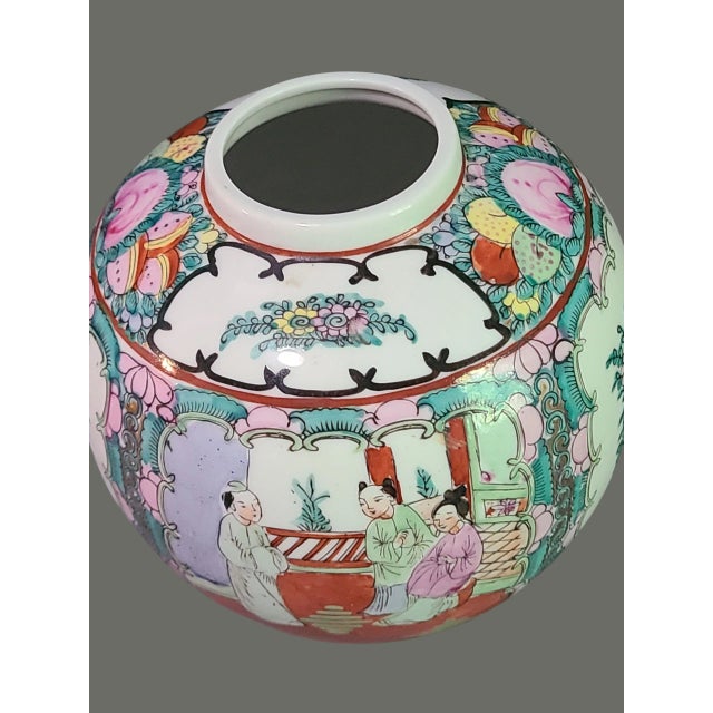 Chinoiserie Vintage Asian Chinoiserie Famille Rose Hand Painted Colorful Figural Floral Vase For Sale - Image 3 of 9