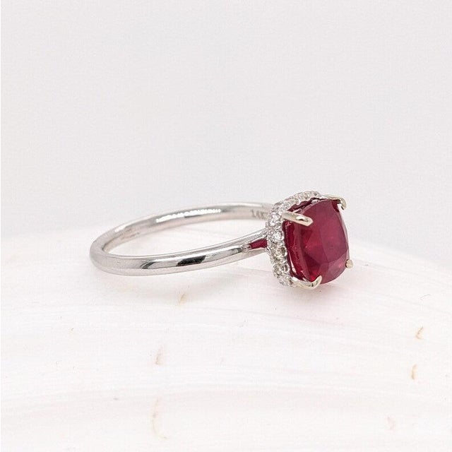 1.7Ct Ruby Ring With Earth Mined Diamonds Halo: Solid 14k Gold, Cushion Cut 7mm, Size 6.75 For Sale - Image 9 of 14