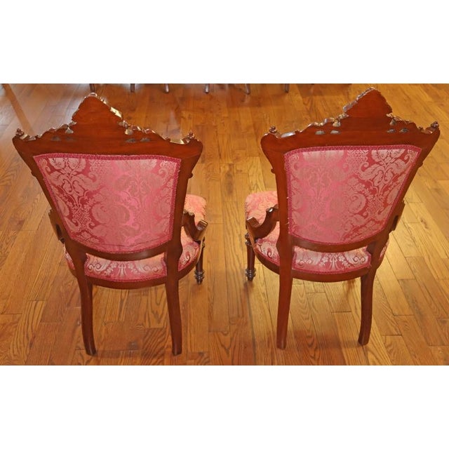 Pair of Jelliff Victorian 19th Century Walnut Carved Damask Fabric Side Chairs For Sale In New York - Image 6 of 12