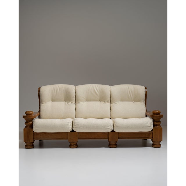 Wood 1970s French Chestnut Brown Brutalist Oak Upholstered Sofa For Sale - Image 7 of 15