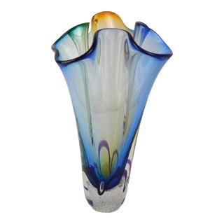 1990s Modern Tri-Color Ruffled Art Glass Vase, Signed For Sale