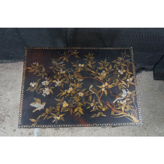 Vintage Chinoiserie Black Lacquered Floral Bird Writing Desk Library Table 35" For Sale - Image 6 of 18