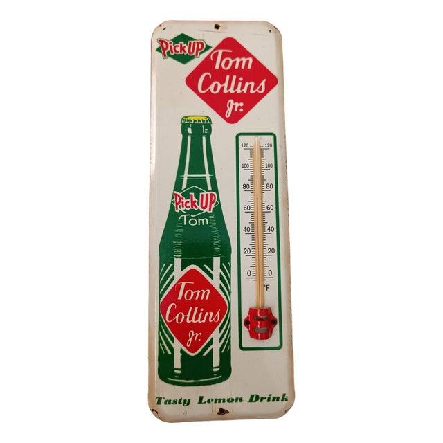 Premium Vintage Style Tom Collins Jr. Lemon Drink Advertising Thermometer Sign For Sale
