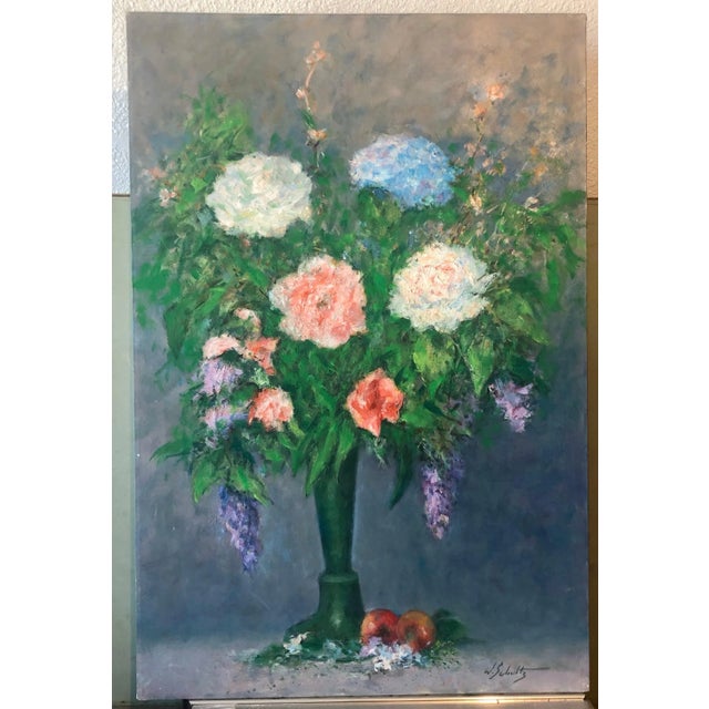 Textile William Schultz, American Impressionist Floral Oil Painting Vibrant Flowers in Vase For Sale - Image 7 of 8