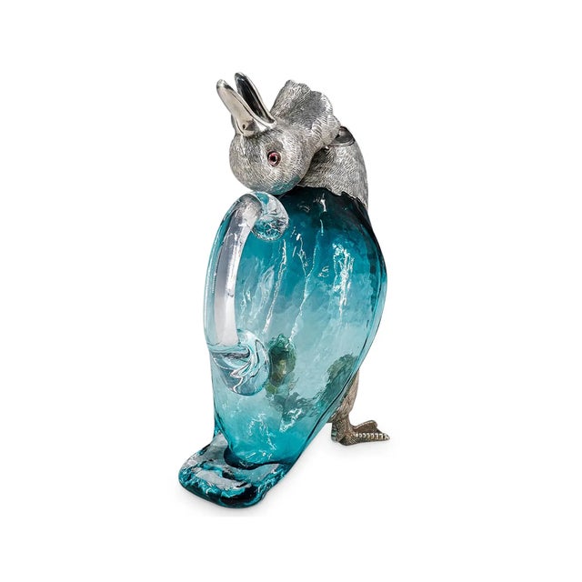 19th Century French Zoomorphic Duck Ewer in Blue Handblown Glass and Mixed Metal For Sale - Image 17 of 17