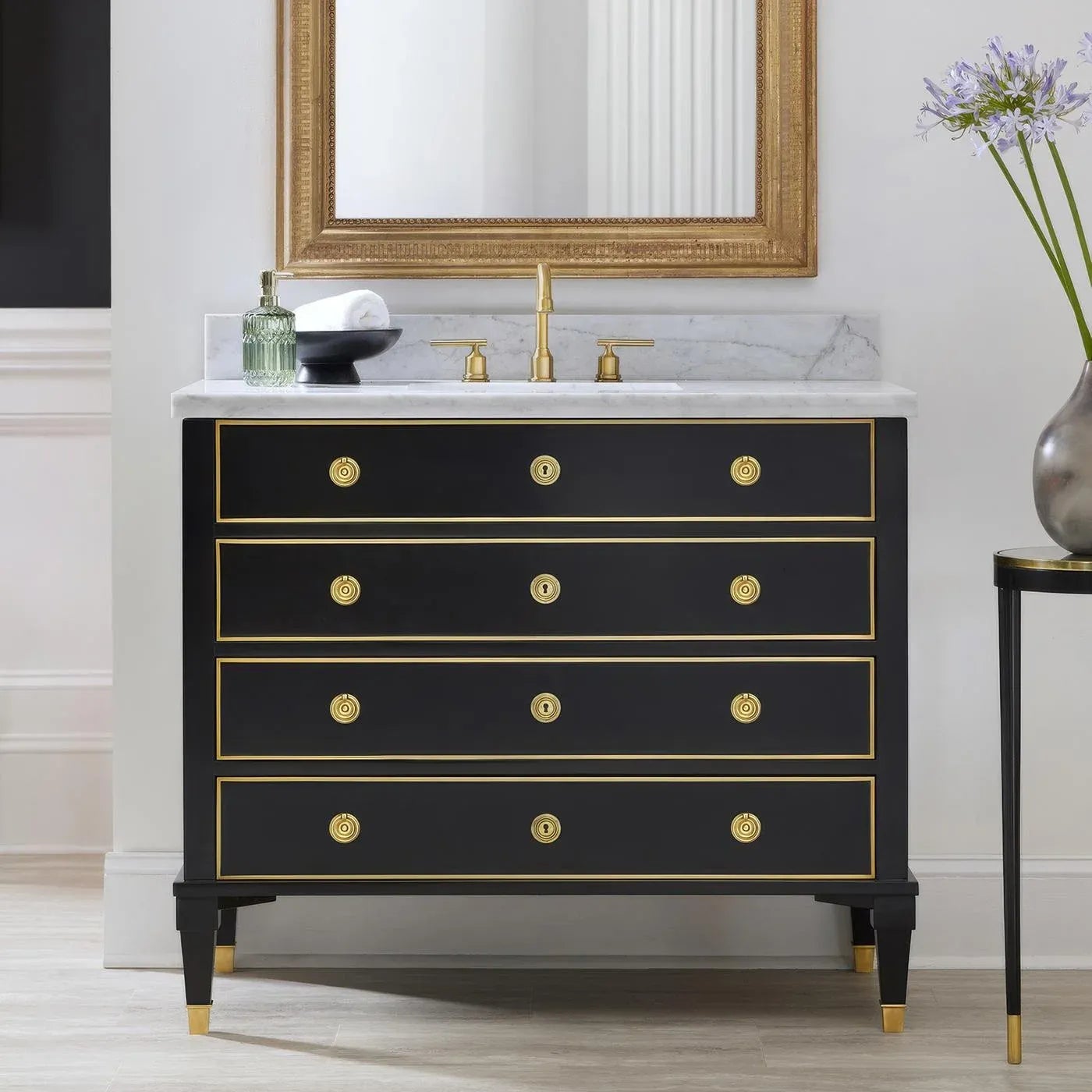 Neoclassical Style Black Marble Top Vanity