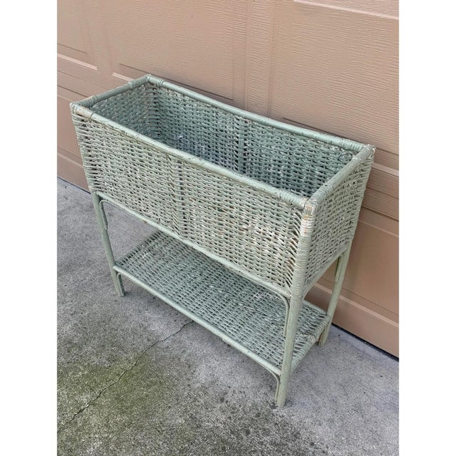 An antique Victorian wicker plant stand, lightly painted in a soft green that has mellowed beautifully with age. The woven...