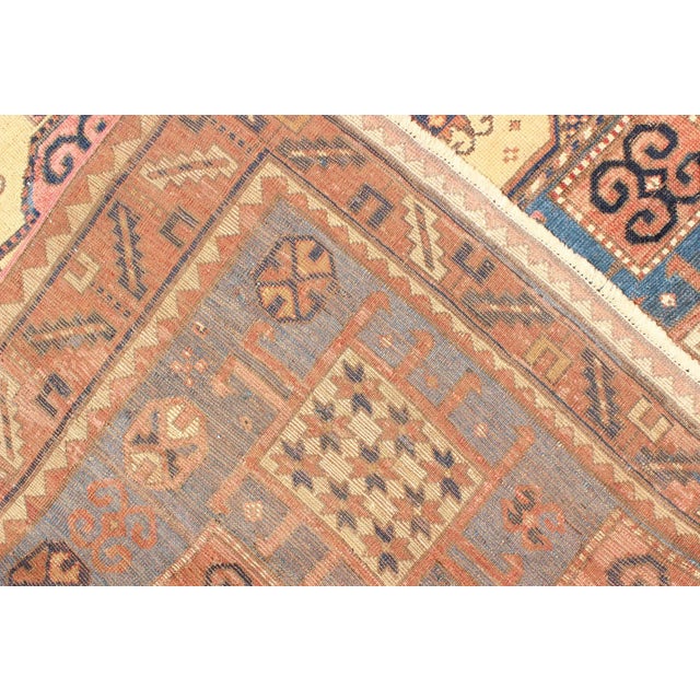 Antique Caucasian Karachopt Rug Large Rug in Blue, Salmon Teal and Soft Yellow 6'1 X 7'0 For Sale In Atlanta - Image 6 of 7
