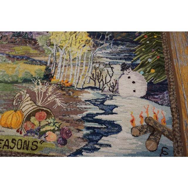 1940s Multicolor Scenic Winter Folk Art American Hooked Rug 3'2" X 3'10" Handknotted Wool Carpet For Sale In New York - Image 6 of 10