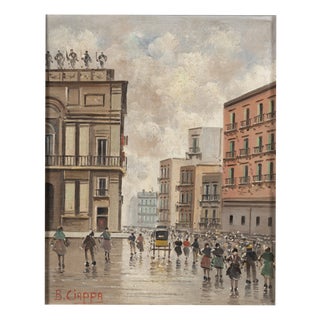 B. Ciappa, Animated European City Square with Carriage and Figures, Oil on Panel For Sale