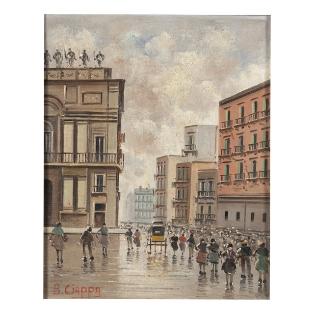 B. Ciappa, Animated European City Square with Carriage and Figures, Oil on Panel For Sale