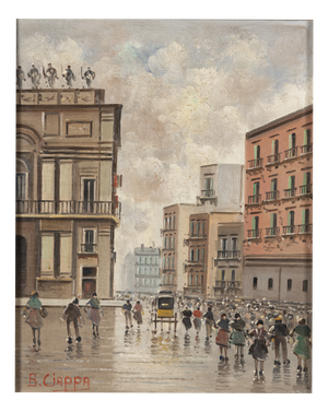 B. Ciappa, Animated European City Square with Carriage and Figures, Oil on Panel