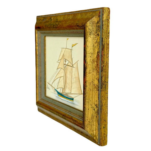 Nautical Original Hand-Painted Sailboat Painting in a Vintage Italian Frame For Sale - Image 3 of 4