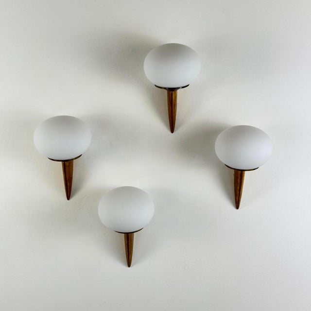 Italian Lancia Wall Sconces in Brass and Opaline Glass from Stilux Milano, 1960s,Set of 4 For Sale - Image 4 of 13