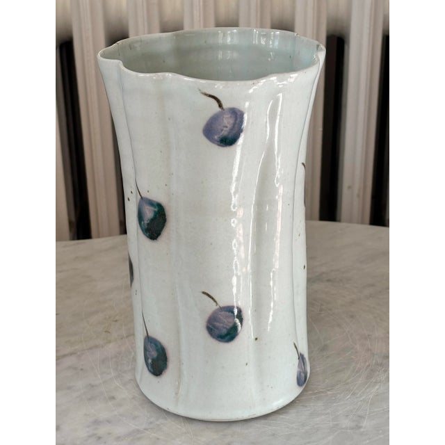 1990s Tall Folk Art Berry Scalloped Pottery Vase, Signed For Sale - Image 4 of 10