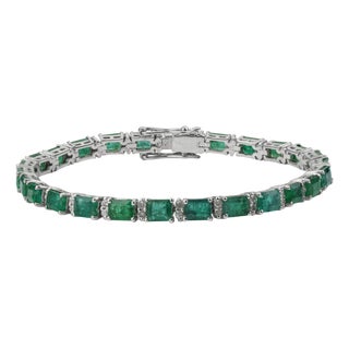 Regal 12 Ct Emerald & Diamond Line Tennis Bracelet in 925 Sterling Silver, 7 Inch For Sale