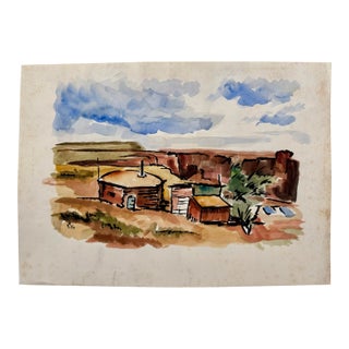 Henry Emil Salloch Original Watercolor on Paper Native American Hogan Settlement, 1971. For Sale