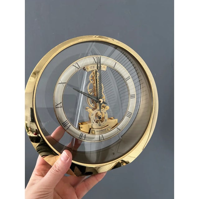 Mid-Century Modern 1990s Brass & Glass Seiko Skeleton Clock For Sale - Image 3 of 12