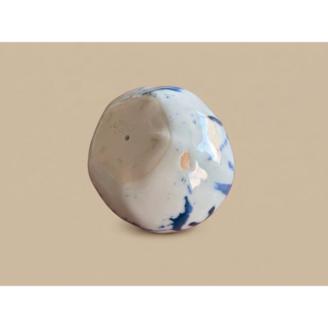 Porcelain Apple Sculpture Blue + White Jingdezhen Studio Pottery "Ping Peace & Harmony" With Internal Rattle Signed For Sale - Image 9 of 9