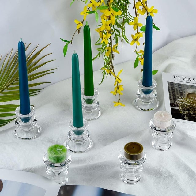 Transparent Clear Glass Taper Candle Holders Set Two For Sale - Image 8 of 8