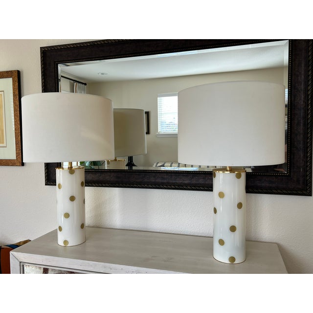 Visual Comfort Kate Spade Cream & Gold Pavilion Polka Dot Cylinder Table Lamp W/ Cream Linen Shade; Set of 2 For Sale - Image 4 of 17