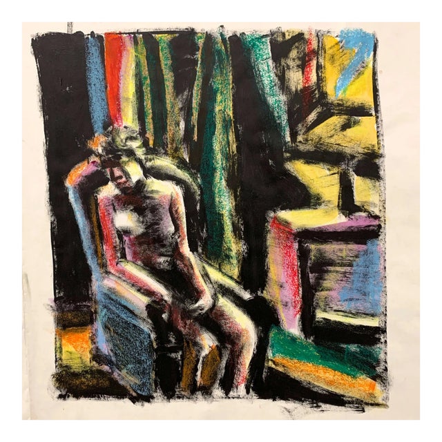 Donald Stacy "Sitting in Chair" C.1950s Gouache and Oil Pastel Mid Century Painting For Sale