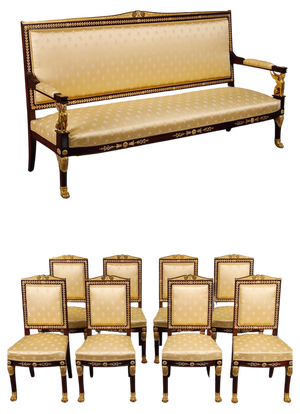 Empire Style Salon Set in Mahogany and Gilded Bronzes, 1860, Set of 9
