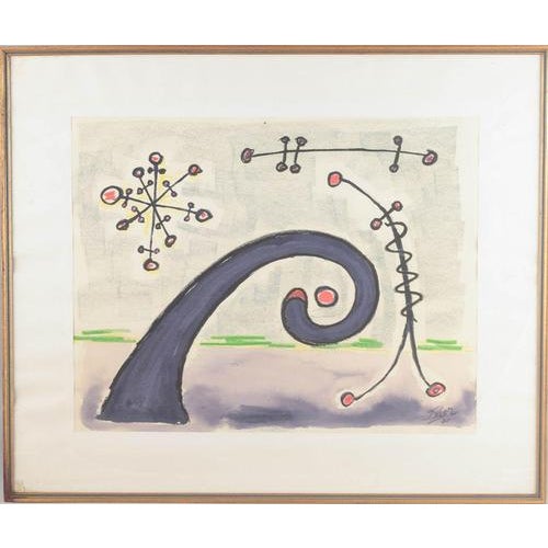 Unknown Artist Watercolour, 1971. Organic–surrealist composition featuring floating molecular structures and spiral...