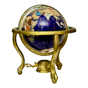 1990s Inlaid Pietra Dura Gemstone World Globe on Brass Stand