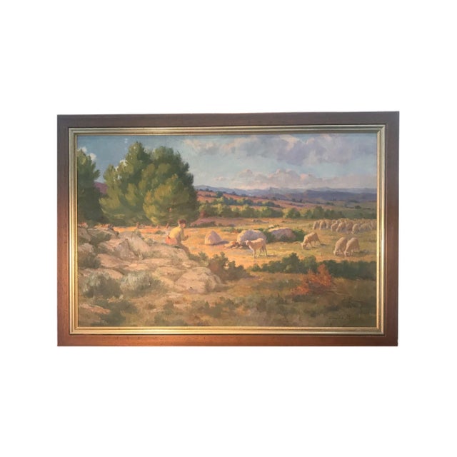 Circa 1900 French Landscape with Shepherd and Flock of Sheep Oil Painting by Charles Joseph Berges, Framed For Sale - Image 10 of 10