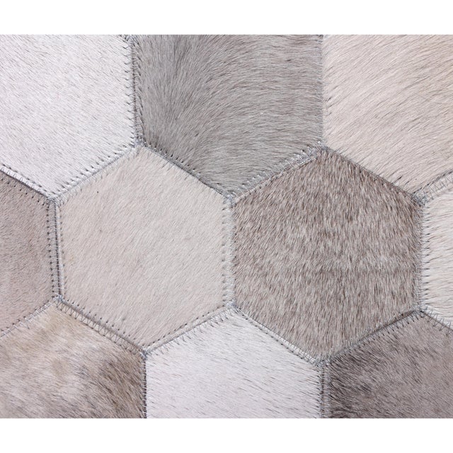 Contemporary Handmade Hexagon Patchwork Cowhide Leather Ottoman Pouf 18x18x18 in Neutral For Sale - Image 3 of 7