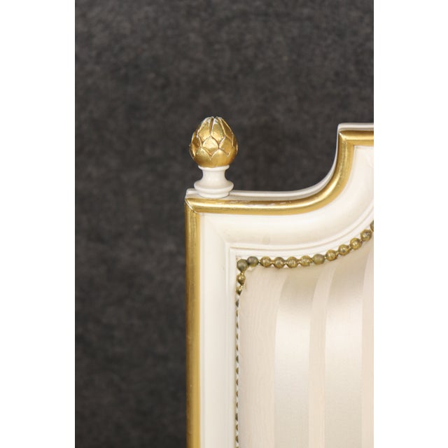 19th C Pair Louis XVI Style Creme Painted With Gilt Accent Bergere Chairs For Sale - Image 13 of 14