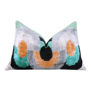 Green Orange Abstract Silk Velvet Lumbar Pillow – 16x24 Handmade Modern Cushion For Sale