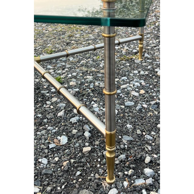 Hollywood Regency Faux Bamboo Nickel and Brass Glass Top Coffee Table For Sale - Image 3 of 8