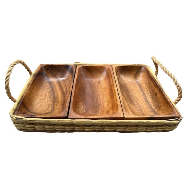 Mid-Century Modern Vintage Mid-Century Teak & Woven Basket Serving Tray | 3-Section Divided Tray For Sale - Image 3 of 6