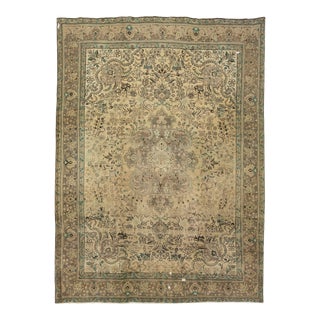 1960s Vintage Persian Tabriz Handmade Medallion Beige Wool Rug 10 X 13 For Sale