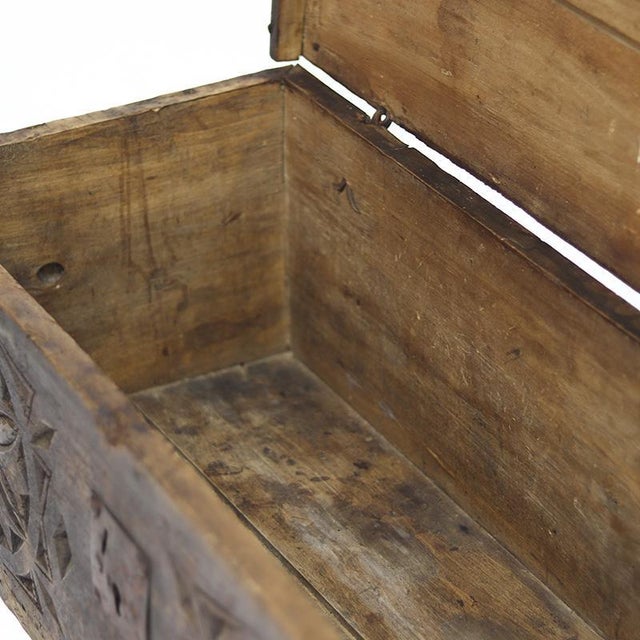 Antique Rustic Folk Art Spanish Carved Chest For Sale - Image 4 of 12