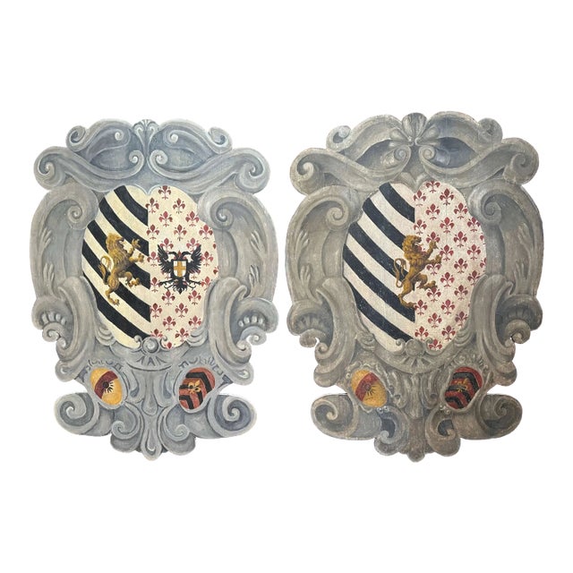 Pair Early 20th Century Italian Carved and Painted Wall Hanging Heraldic Shields For Sale