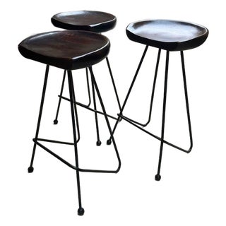 1950s Mid Century Modern Walnut and Iron Barstools Set of 3 For Sale