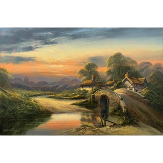 Lush River Landscape Sunset with Cottage & Village in the English Countryside 1976 For Sale