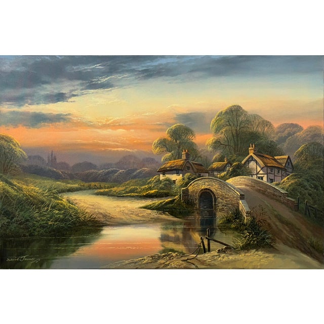 Lush River Landscape Sunset with Cottage & Village in the English Countryside 1976 For Sale