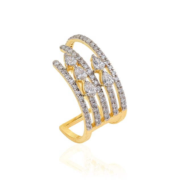American Luxury Multi-Row Diamond Open Cigar Cocktail Ring Size 6.5 in 14k Yellow Gold For Sale - Image 3 of 15