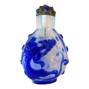 Vintage Chinese Peking Glass Blue Overlay Carved Dragons Snuff Bottle